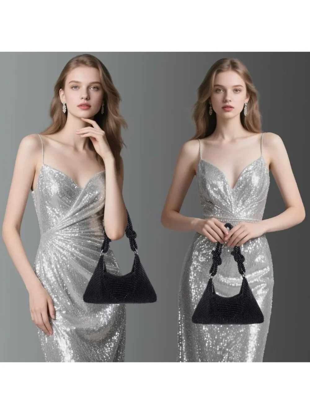 Women’s Black Beads Rhinestone Mesh Clutch Evening Handbag Wedding Party Purse